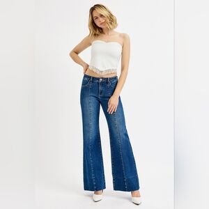 RISEN MR Tummy Control Dark Wash Front Mid Seam Wide Flare Jeans Various NEW